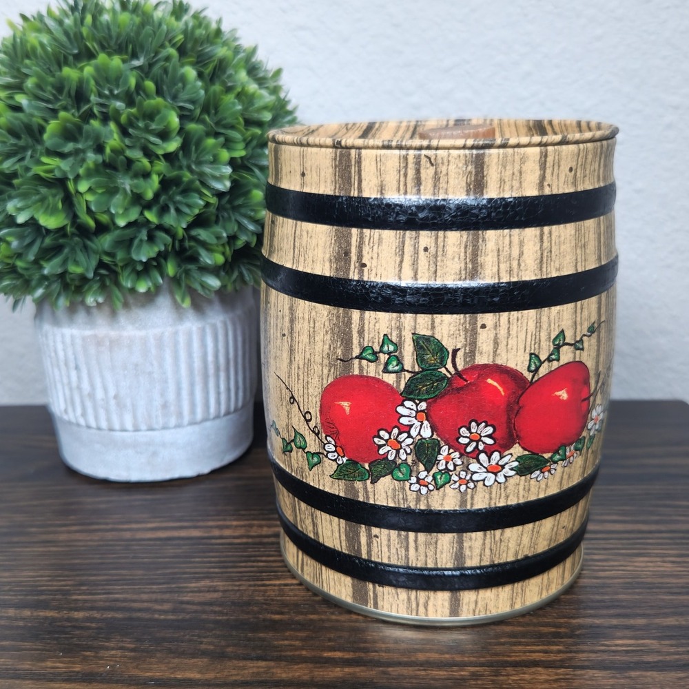 VTG Barrel Tin Container Apple Daisy Floral Wood Grain Lid Storage/Cash Hiding